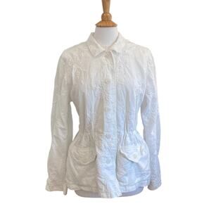 J. Jill White Linen Blend Embroidered Eyelet Button Down Jacket Cinched Waist L